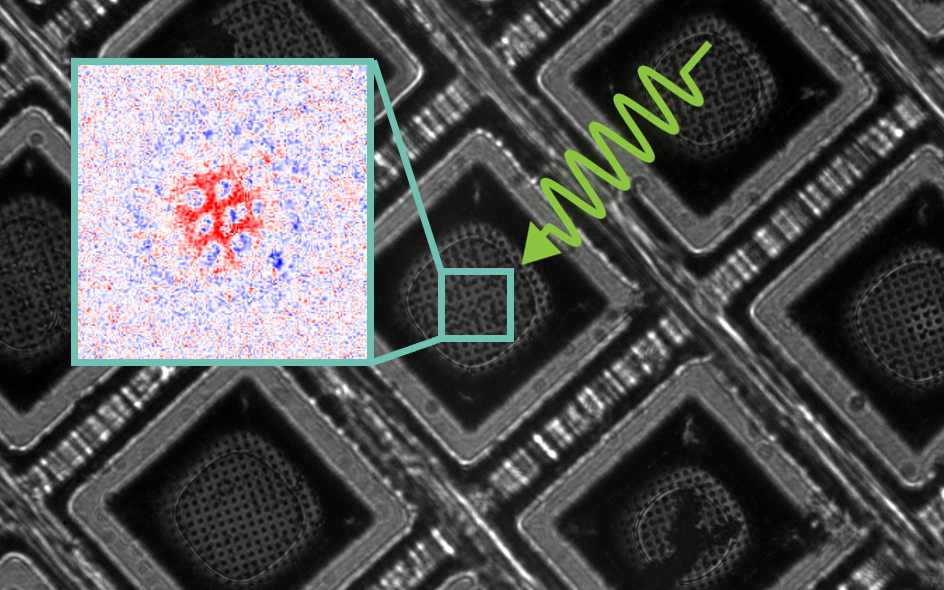 Laser melt and freeze of a single grid square, with diffraction inset